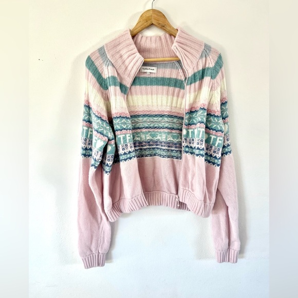 Teddy Fresh Merino Wool Blend Pink Fairisle Full Zip Knit Cardigan Sweater XL - Picture 7 of 11